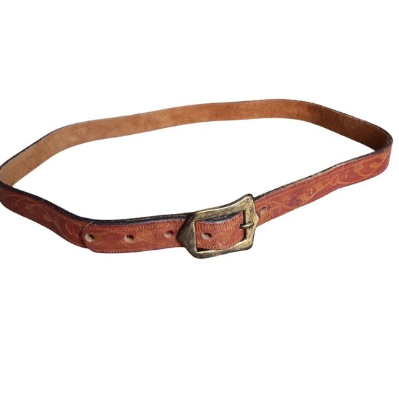 Vintage Hippie Leather Belt 1970's With Brass Buckle 26 27 28 29 Floral Skinny - Picture 2 of 5